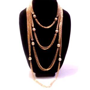 Vintage Gold Tone Heavy Multi Chain Bead Station Necklace